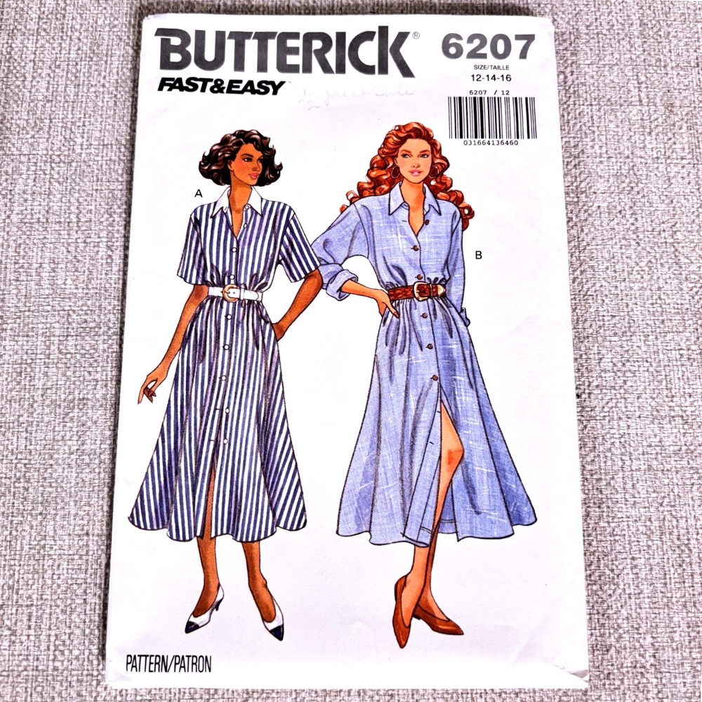 Butterick 6207 Fast & Easy Midi Shirt Dress Sz 12-16 Old Money French Girl Chic